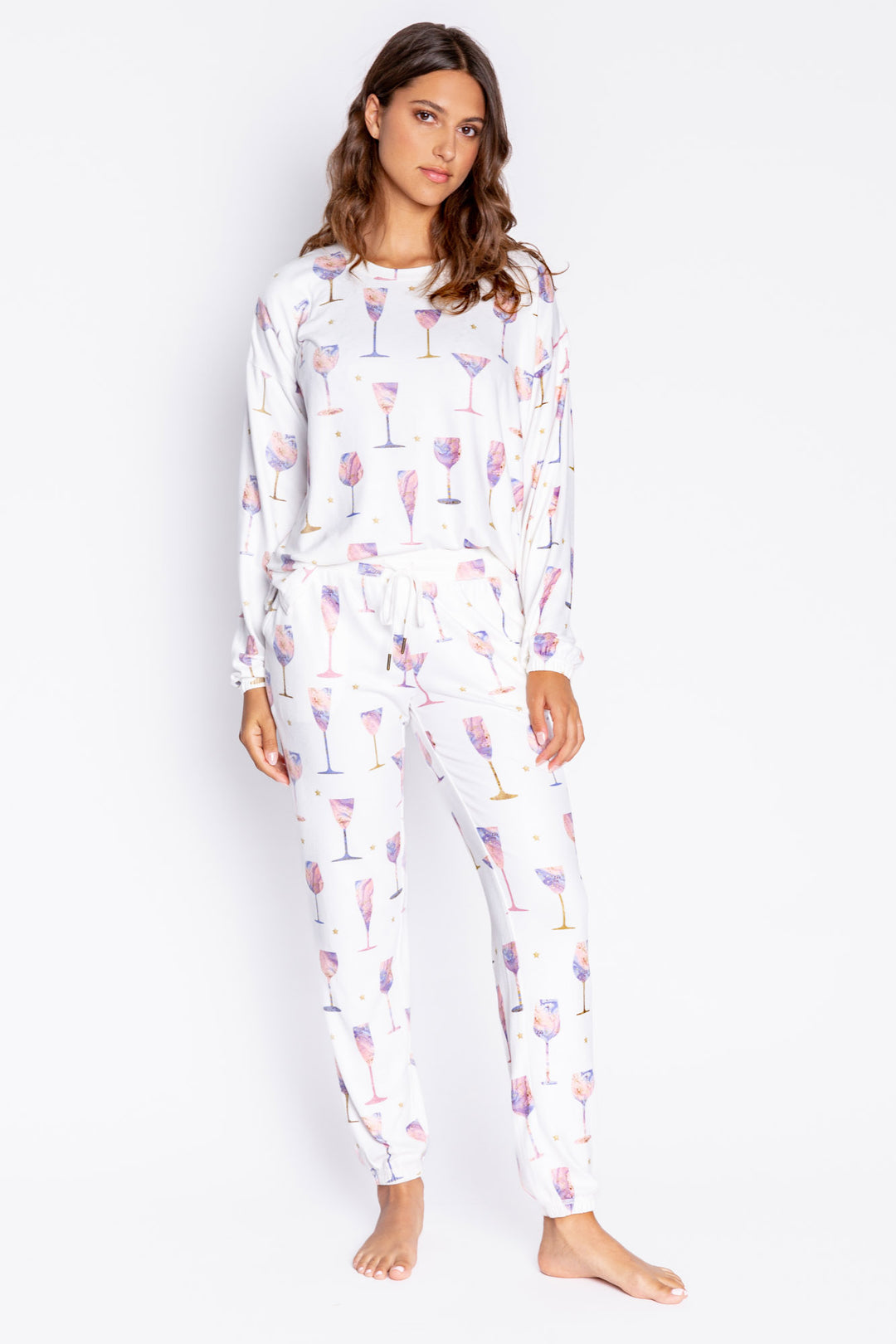 Ivory wine-print jammie top in butter jersey knit. Wine glass pattern in lilac-rose-gold. Button top & straight pj pant. (7068596404324)