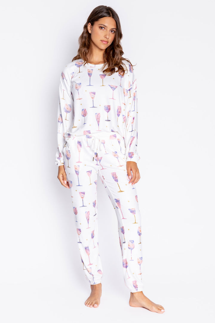 Ivory wine-print jammie top in butter jersey knit. Wine glass pattern in lilac-rose-gold. Button top & straight pj pant. (7068596404324)