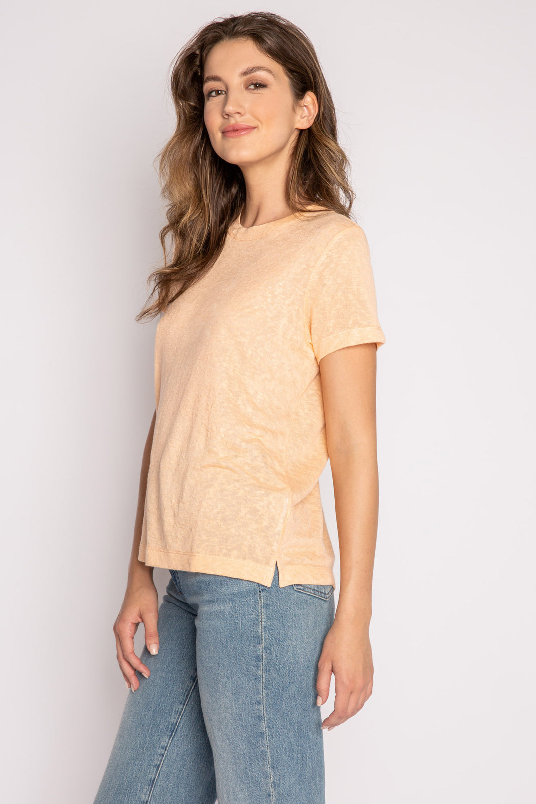Orange modal jersey blend short sleeve t-shirt with words to live by on the back neck taping. (7125181005924)
