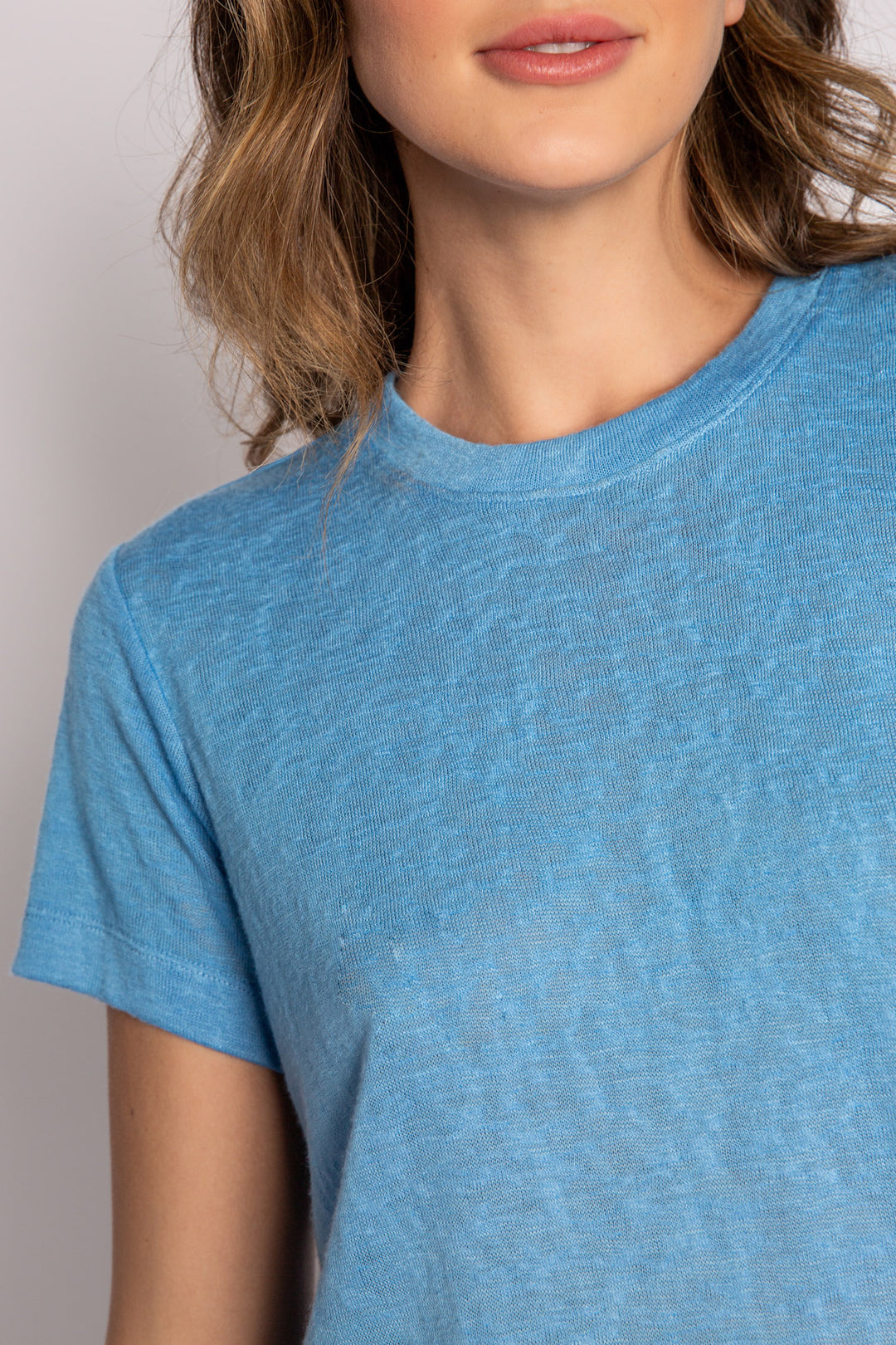Tranquil blue modal jersey blend short sleeve t-shirt with words to live by on the back neck taping. (7125180973156)