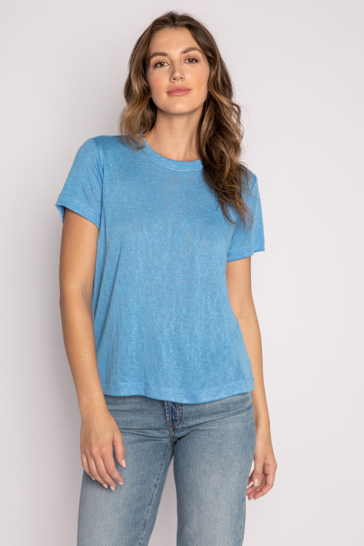 Tranquil blue modal jersey blend short sleeve t-shirt with words to live by on the back neck taping. (7125180973156)