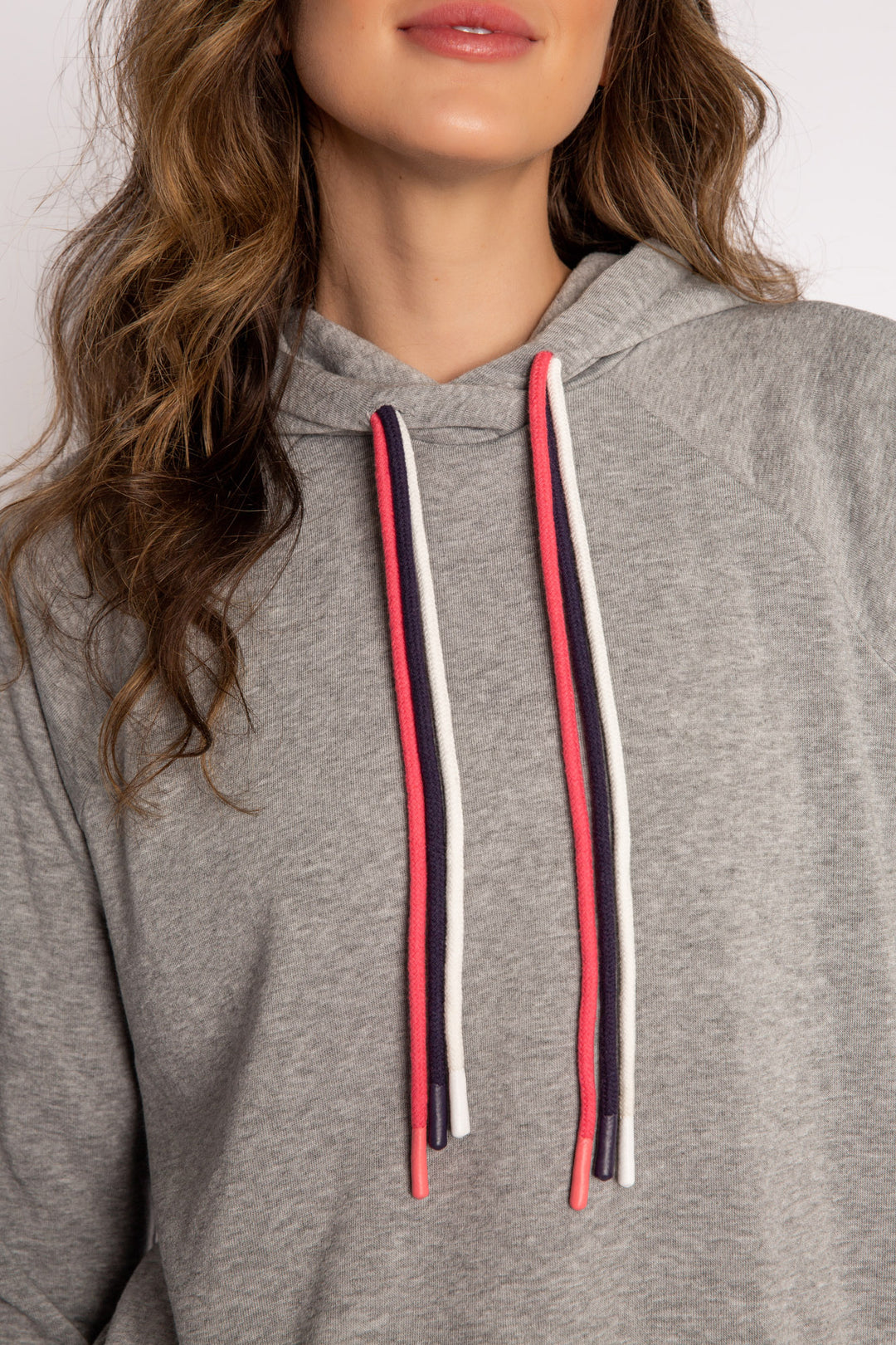 Heather grey hoodie with multi-colored drawcord. (7125189623908)