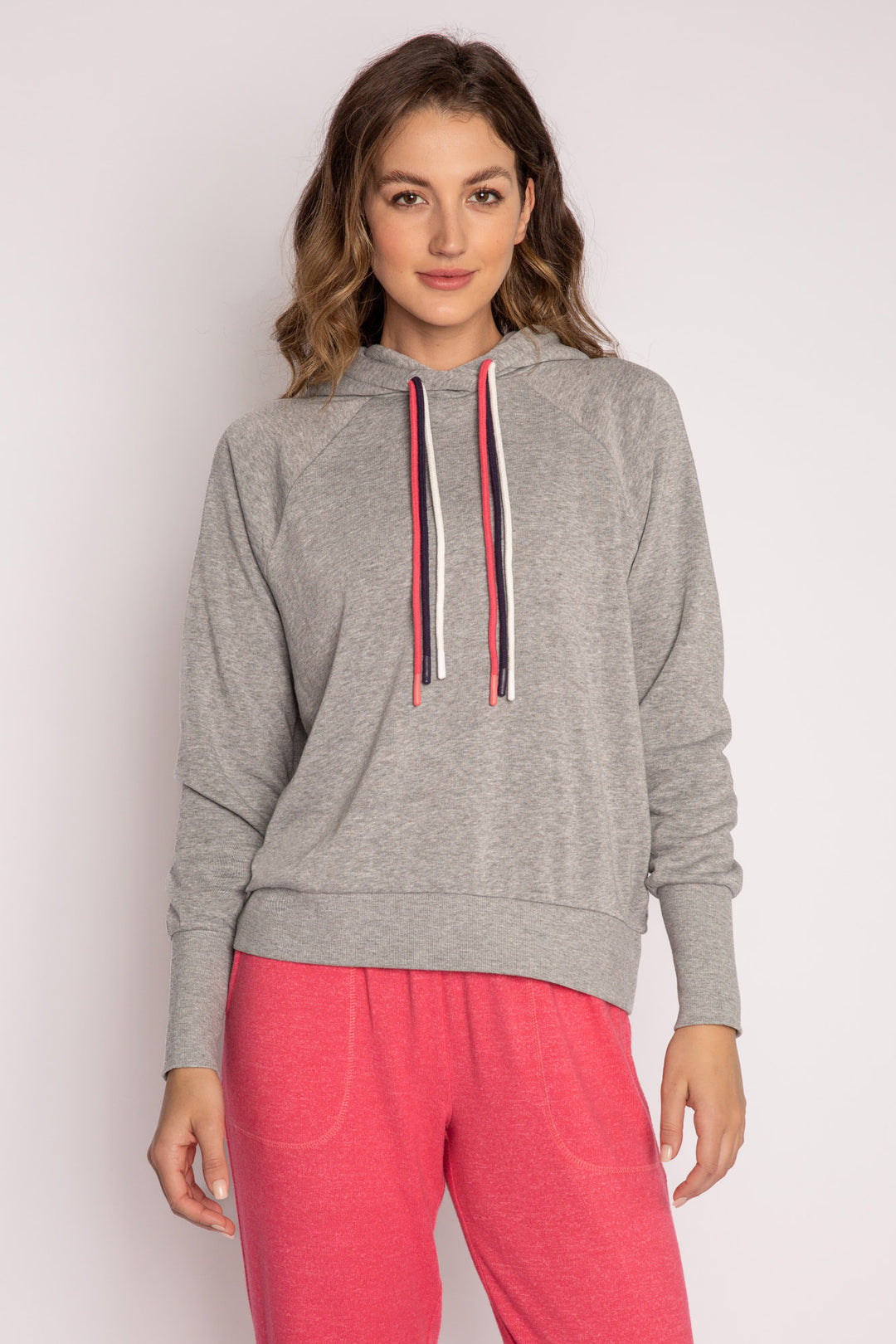 Heather grey hoodie with multi-colored drawcord. (7125189623908)