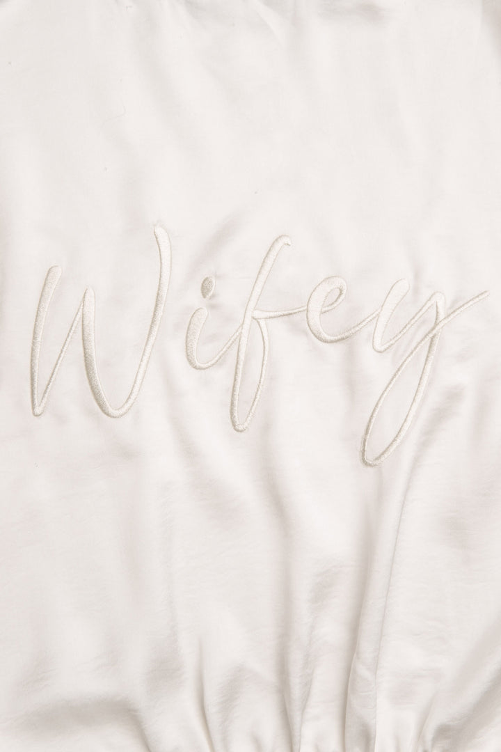 White tie front robe in aloe-infused woven faux silk with "Wifey" graphic on the back. (7125190770788)