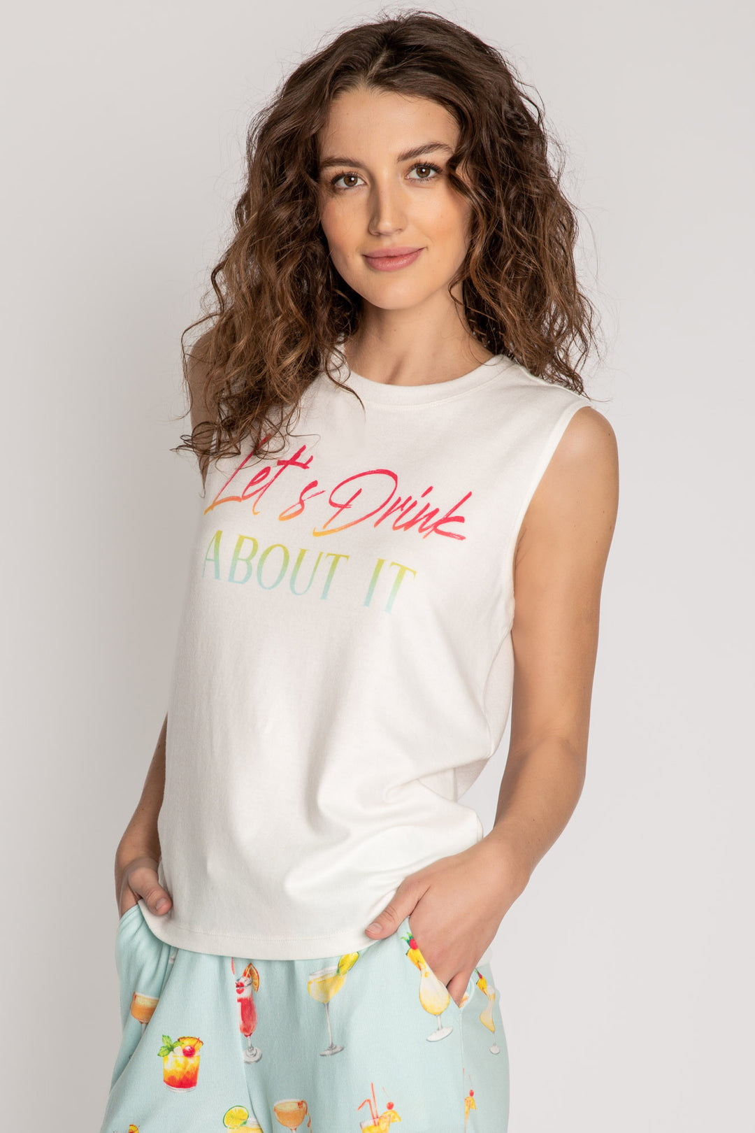Ivory crew neck tank top on butter jersey fabric with "Let's Drink About It" graphic. (7125191819364)