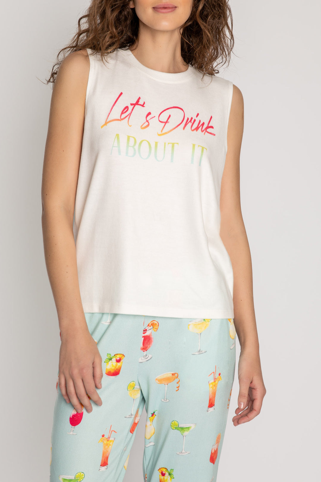 Ivory crew neck tank top on butter jersey fabric with "Let's Drink About It" graphic. (7125191819364)