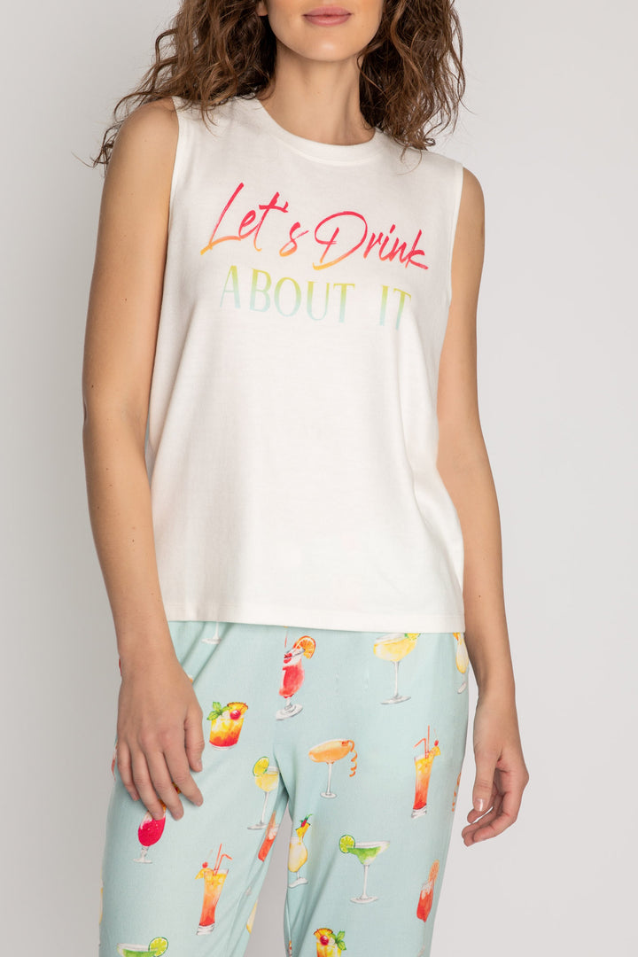 Ivory crew neck tank top on butter jersey fabric with "Let's Drink About It" graphic. (7125191819364)