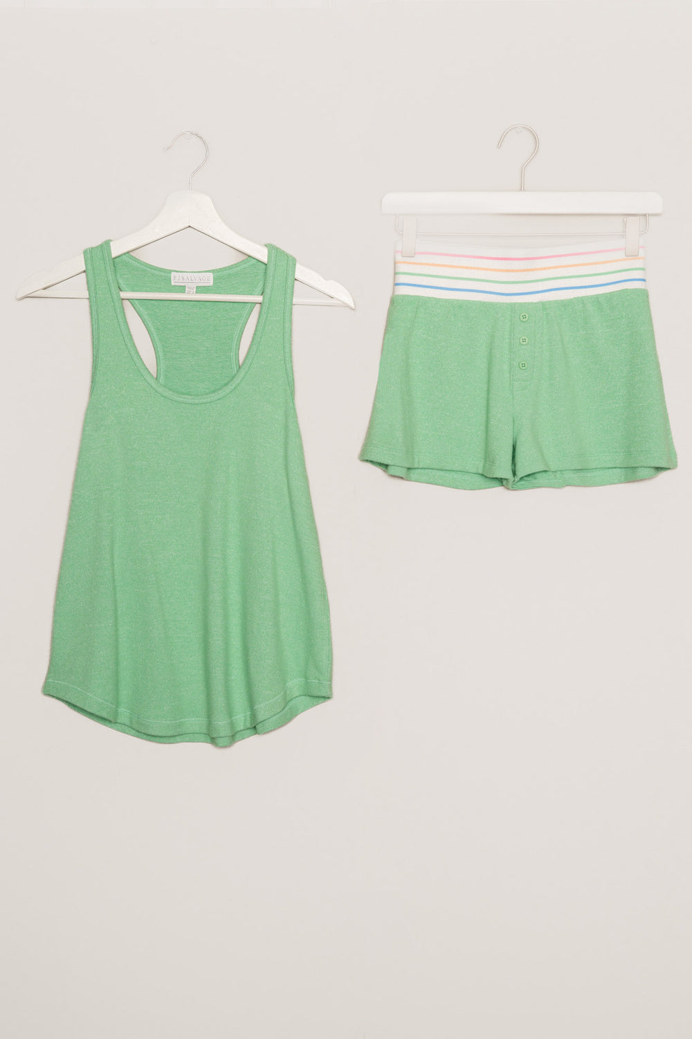 Bright green sleep set with bright mini-striped waist & racer back tank top. (7193927221348)