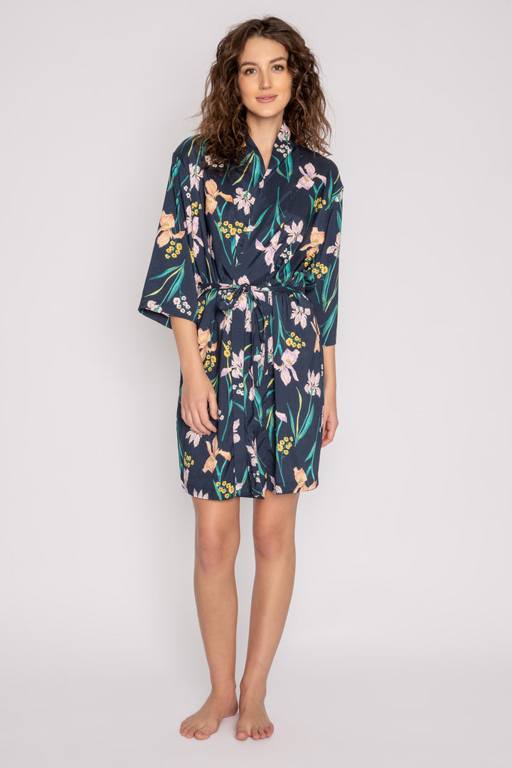 Woven navy front tie robe in floral lily print with smooth satin back. (7125192015972)