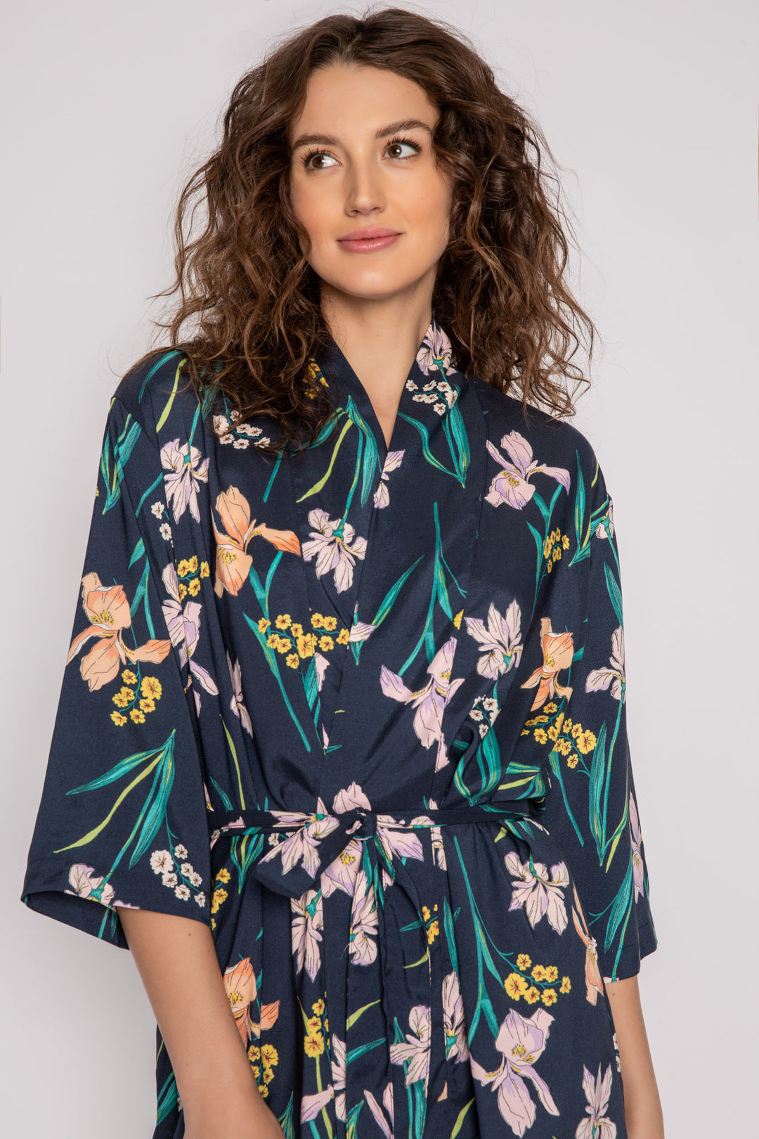 Woven navy front tie robe in floral lily print with smooth satin back. (7125192015972)
