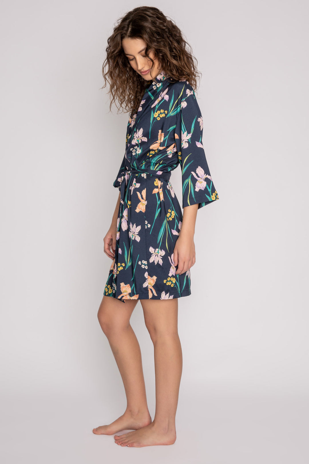 Woven navy front tie robe in floral lily print with smooth satin back. (7125192015972)