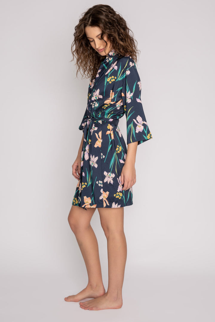 Woven navy front tie robe in floral lily print with smooth satin back. (7125192015972)