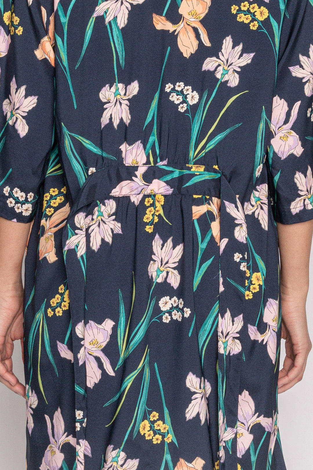 Woven navy front tie robe in floral lily print with smooth satin back. (7125192015972)