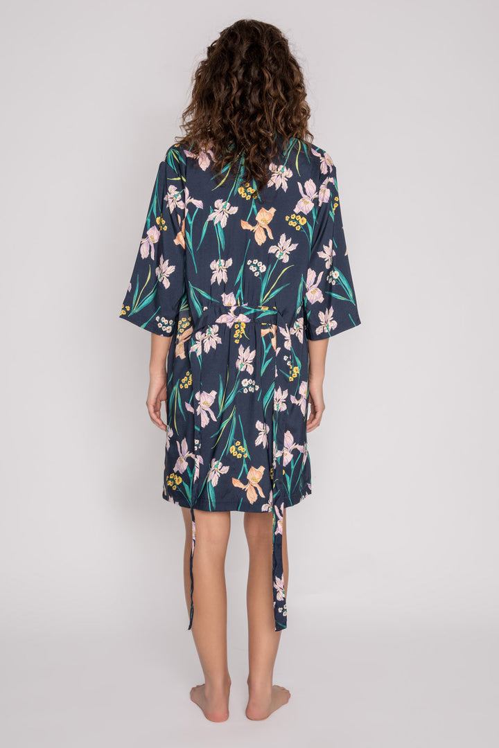 Woven navy front tie robe in floral lily print with smooth satin back. (7125192015972)