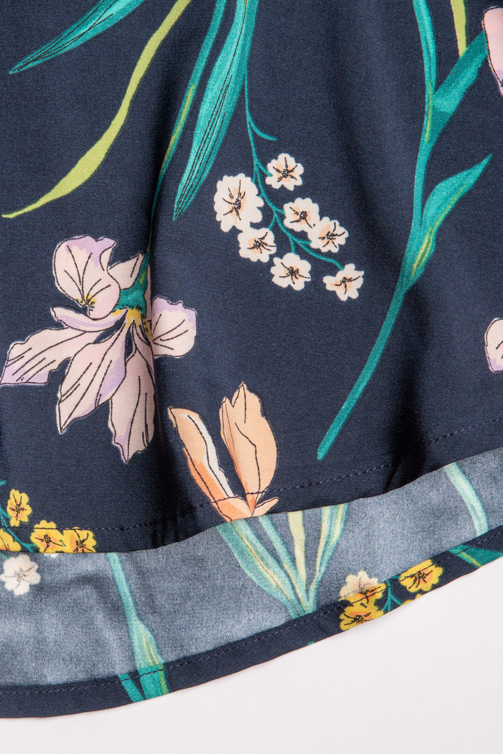 Woven navy front tie robe in floral lily print with smooth satin back. (7125192015972)