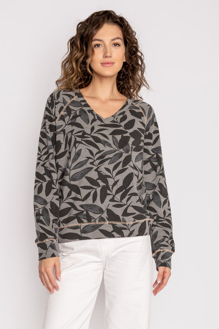 Charcoal and black palm print long sleeve V-neck top in modal-cotton terry. Includes peach stitching. (7125194965092)