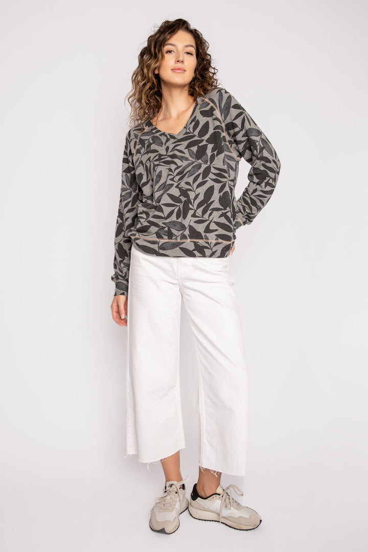 Charcoal and black palm print long sleeve V-neck top in modal-cotton terry. Includes peach stitching. (7125194965092)