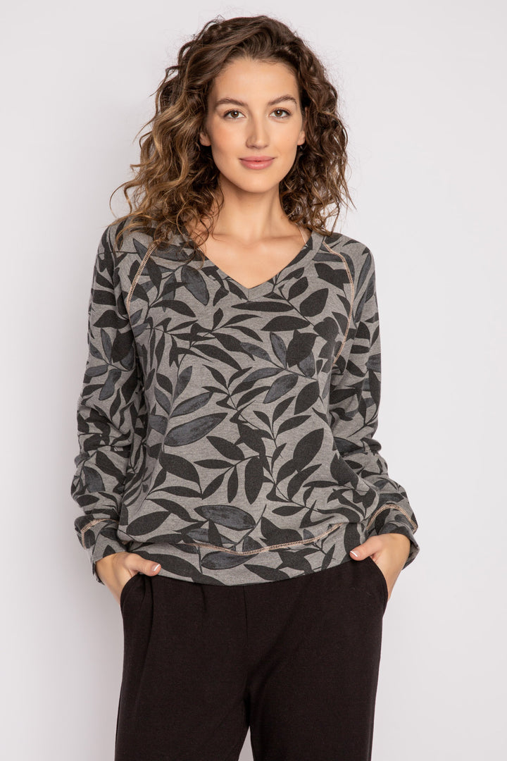 Charcoal and black palm print long sleeve V-neck top in modal-cotton terry. Includes peach stitching. (7125194965092)