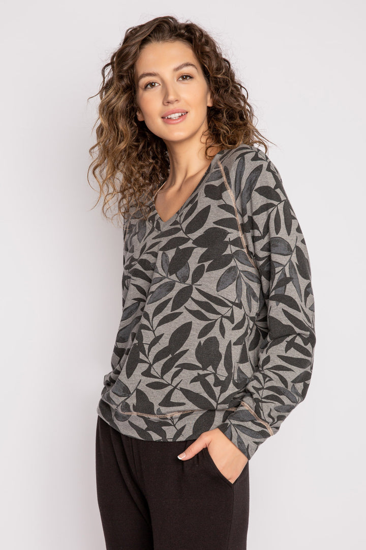 Charcoal and black palm print long sleeve V-neck top in modal-cotton terry. Includes peach stitching. (7125194965092)