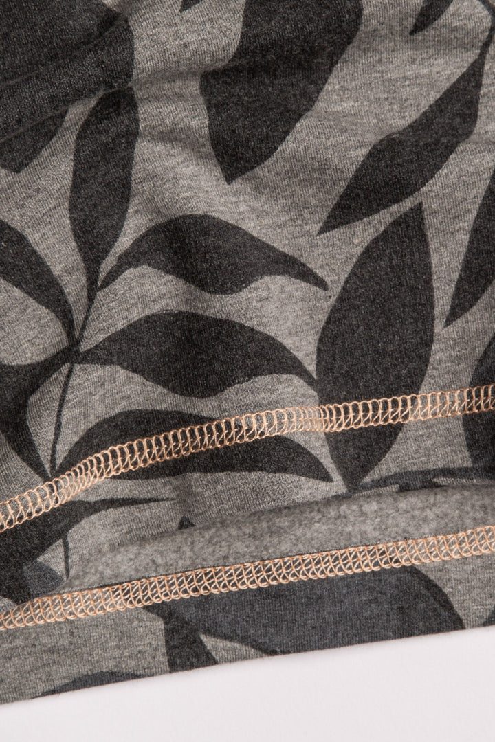 Charcoal and black palm print long sleeve V-neck top in modal-cotton terry. Includes peach stitching. (7125194965092)