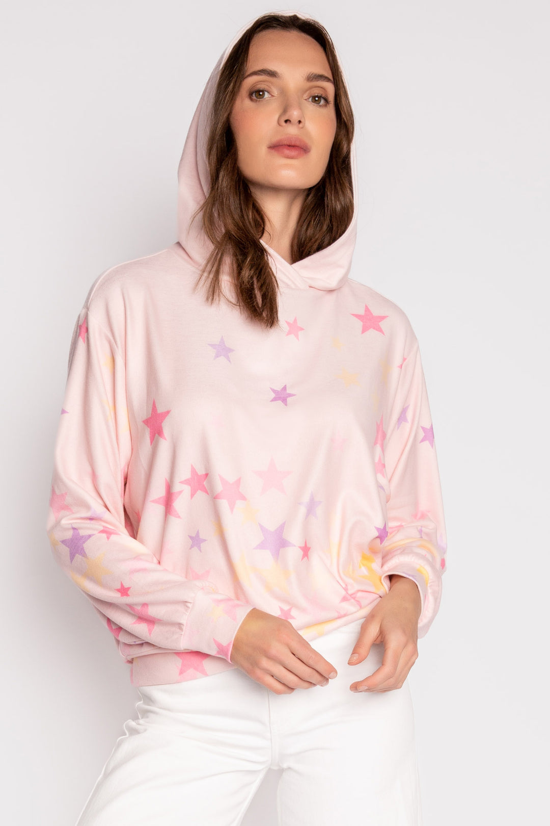 Blush pink hoody with colorful star print on peachy jersey fabric. (7125197979748)