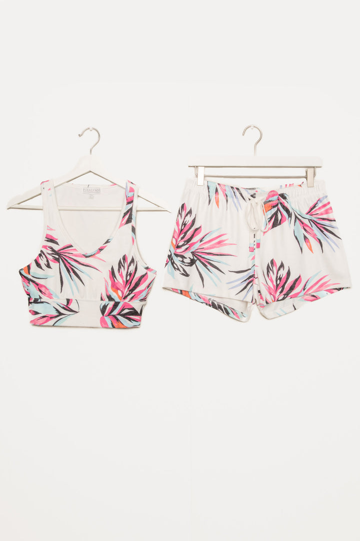 Mid-crop bralette top lounge short in spring tropical floral, on peachy jersey. (7125198897252)