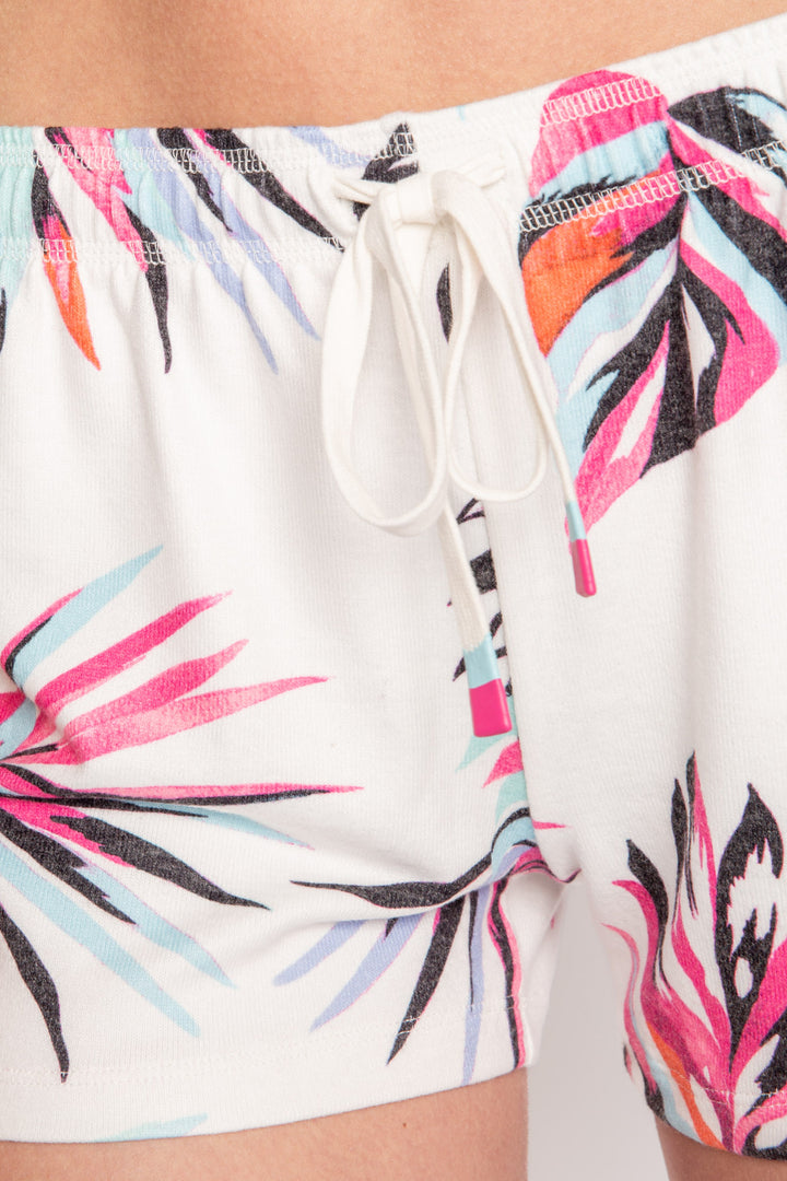 Mid-crop bralette top lounge short in spring tropical floral, on peachy jersey. (7125198897252)