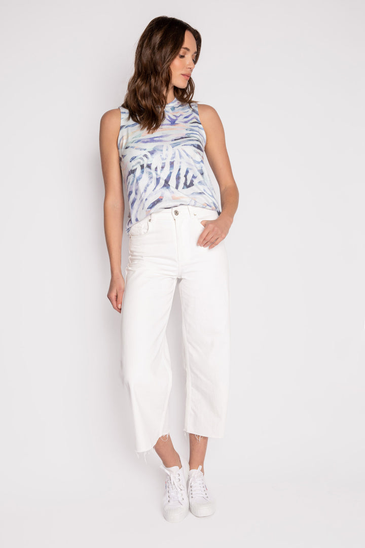 Grey crew neck tank top with colorful zebra print on peachy jersey fabric. (7125198995556)