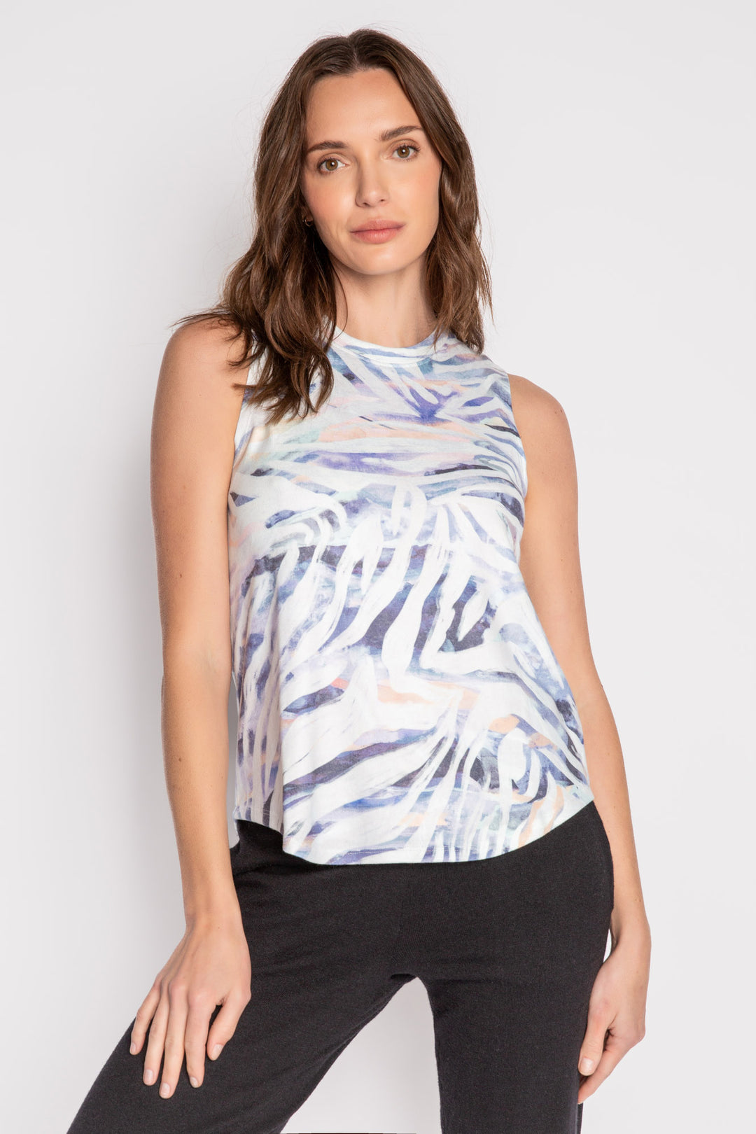 Grey crew neck tank top with colorful zebra print on peachy jersey fabric. (7125198995556)