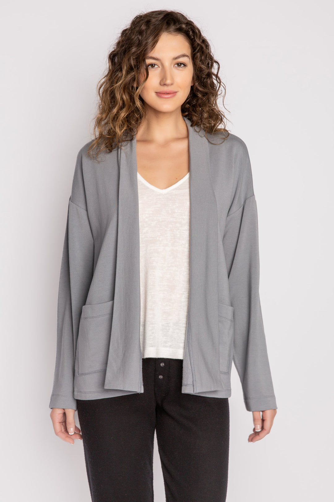 Dark grey cardigan in micro modal-cotton fabric with two front pockets. (7125199192164)