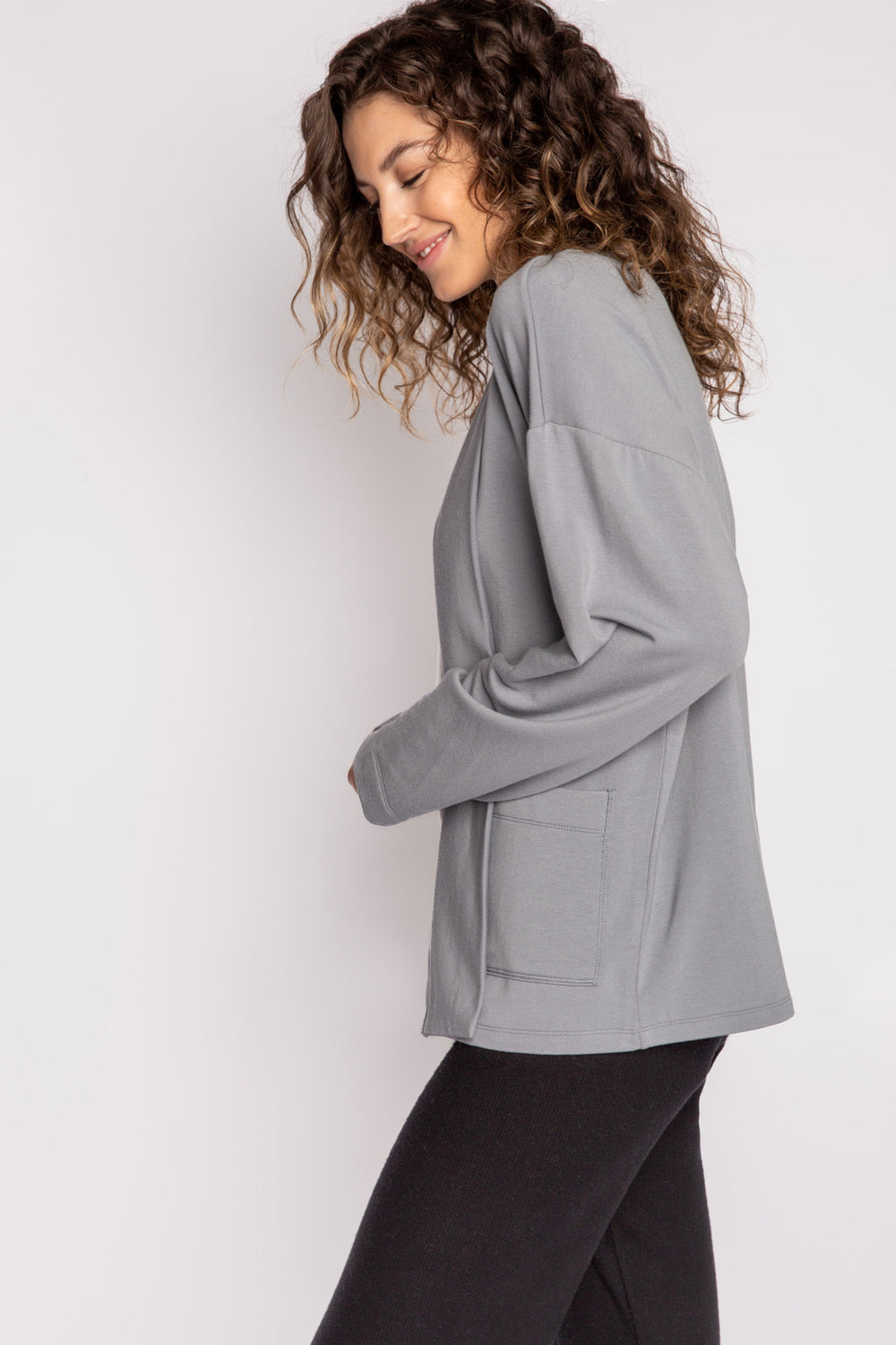 Dark grey cardigan in micro modal-cotton fabric with two front pockets. (7125199192164)