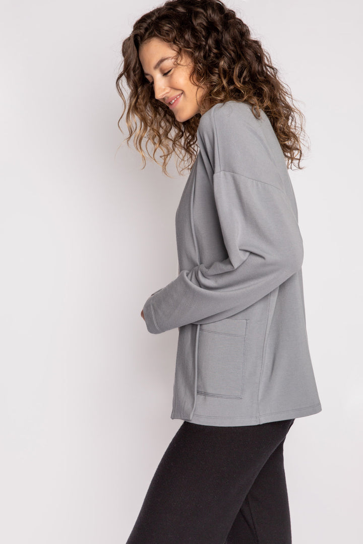 Dark grey cardigan in micro modal-cotton fabric with two front pockets. (7125199192164)