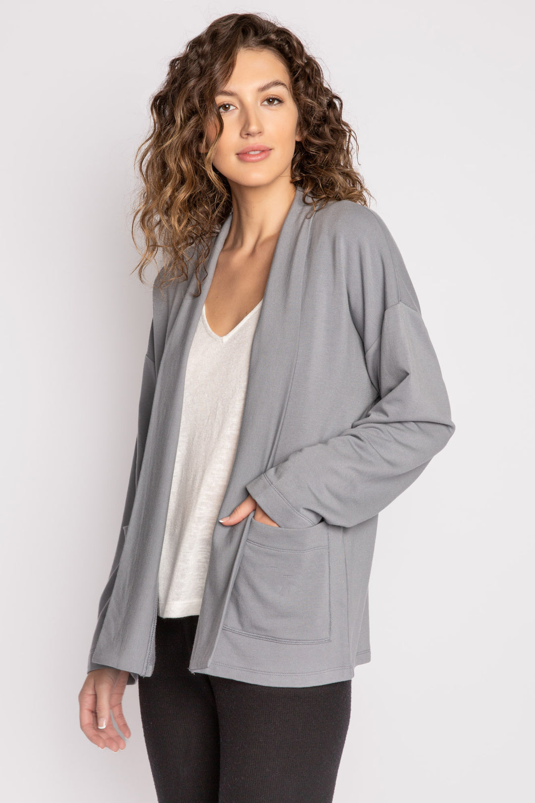 Dark grey cardigan in micro modal-cotton fabric with two front pockets. (7125199192164)