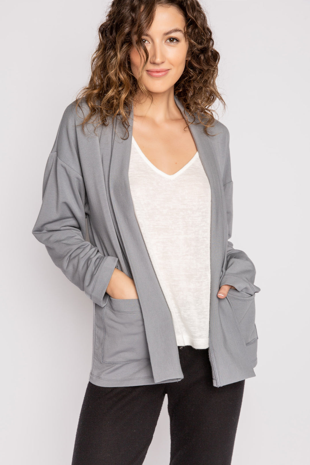 Dark grey cardigan in micro modal-cotton fabric with two front pockets. (7125199192164)