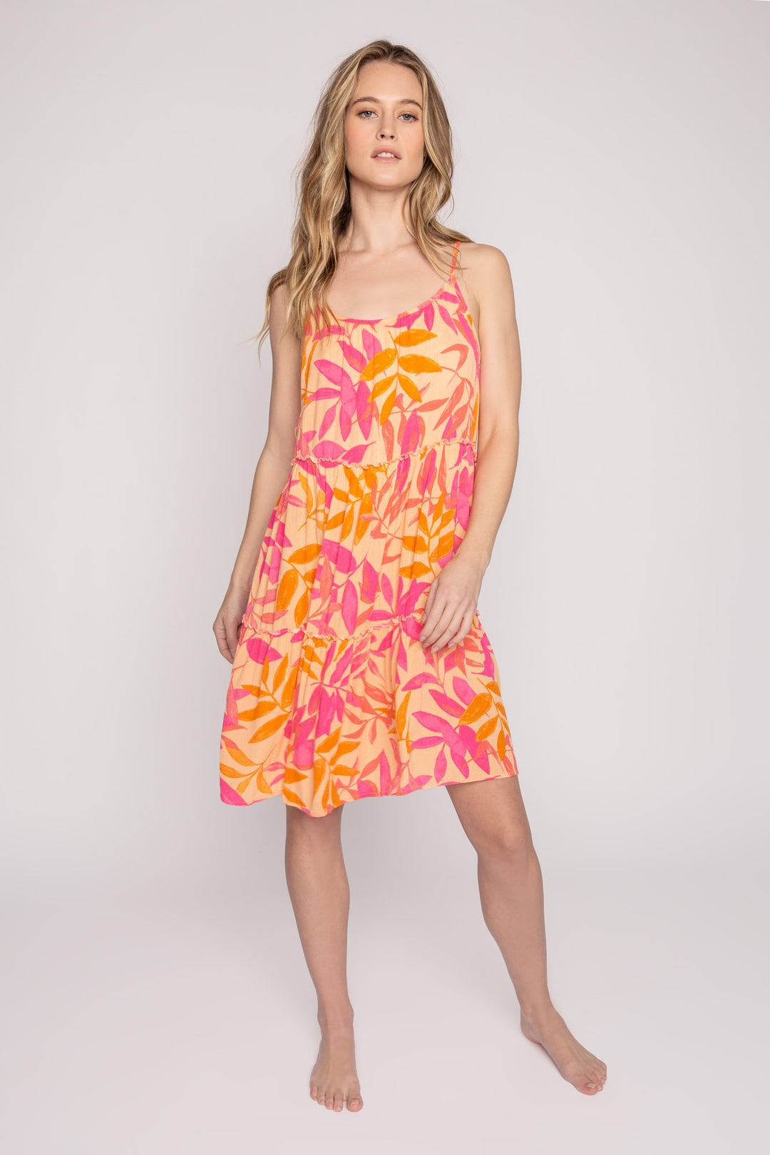 Woven gauze layered dress in peach-coral tropical print. (7125201879140)
