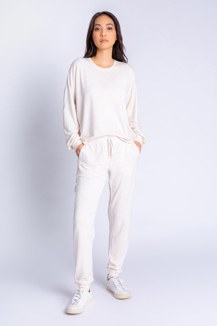 Women's ivory French Terry jogger set. Long sleeve top & matching banded pant with pockets. (7362315157604)