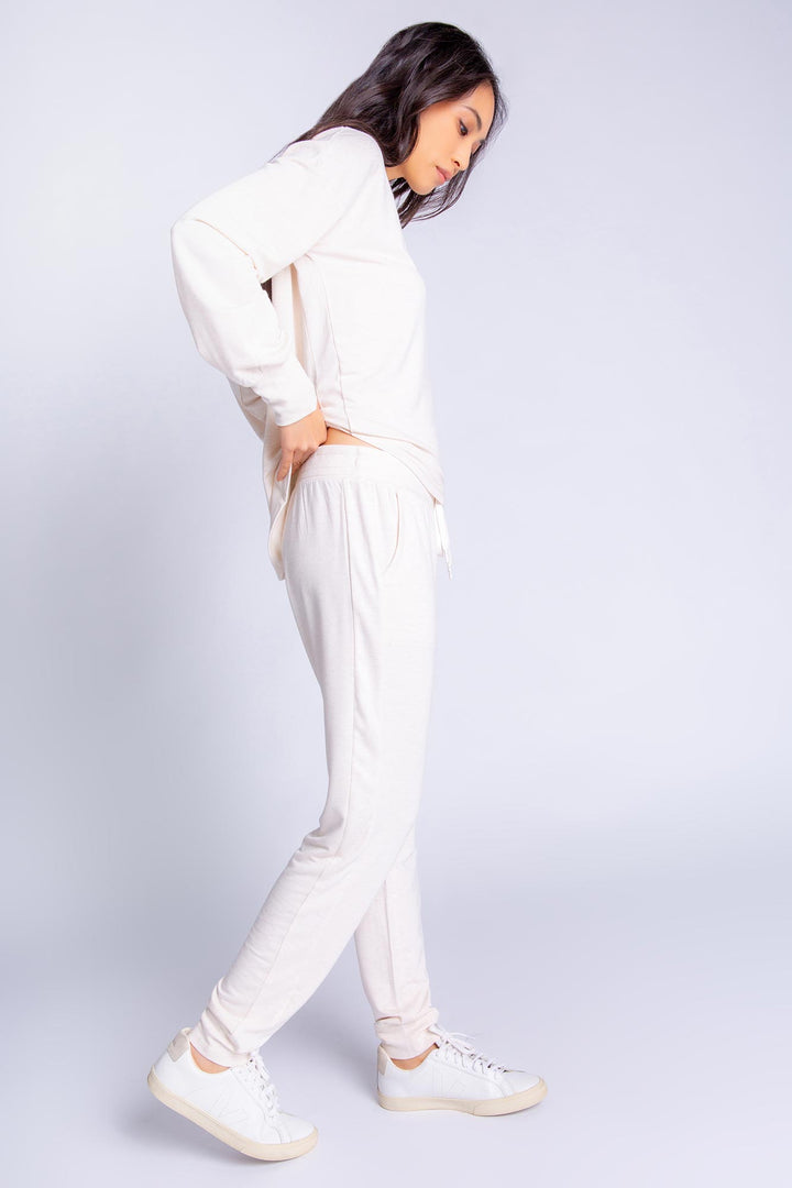 Women's ivory French Terry jogger set. Long sleeve top & matching banded pant with pockets. (7362315157604)