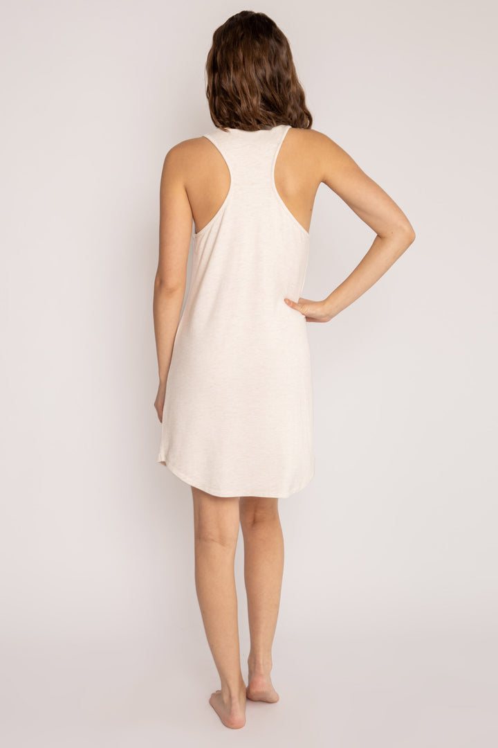 Oatmeal sleep dress with scoop neck & racer back. Relaxed fit & curved hem in mini French terry. (7122608291940)