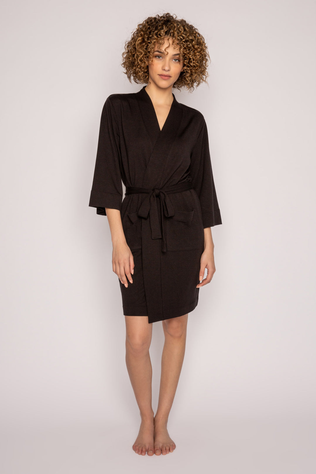 Black kimono-style robe with side patch pockets & self belt in mini French terry. Mid-length fit. (7122608423012)