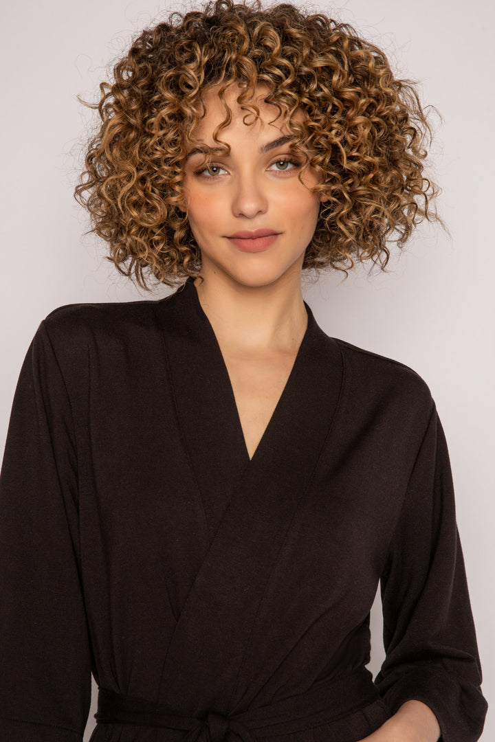 Black kimono-style robe with side patch pockets & self belt in mini French terry. Mid-length fit. (7122608423012)