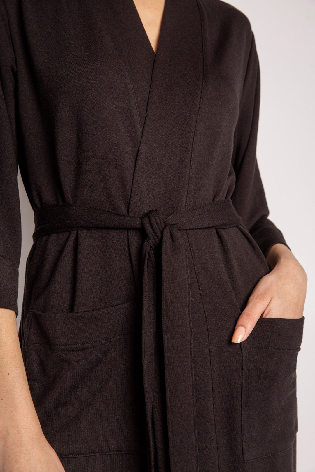 Black kimono-style robe with side patch pockets & self belt in mini French terry. Mid-length fit. (7122608423012)