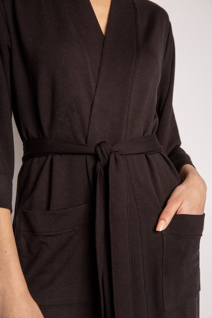 Black kimono-style robe with side patch pockets & self belt in mini French terry. Mid-length fit. (7122608423012)