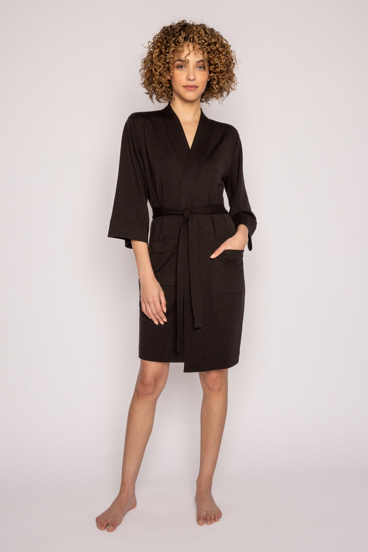 Black kimono-style robe with side patch pockets & self belt in mini French terry. Mid-length fit. (7122608423012)