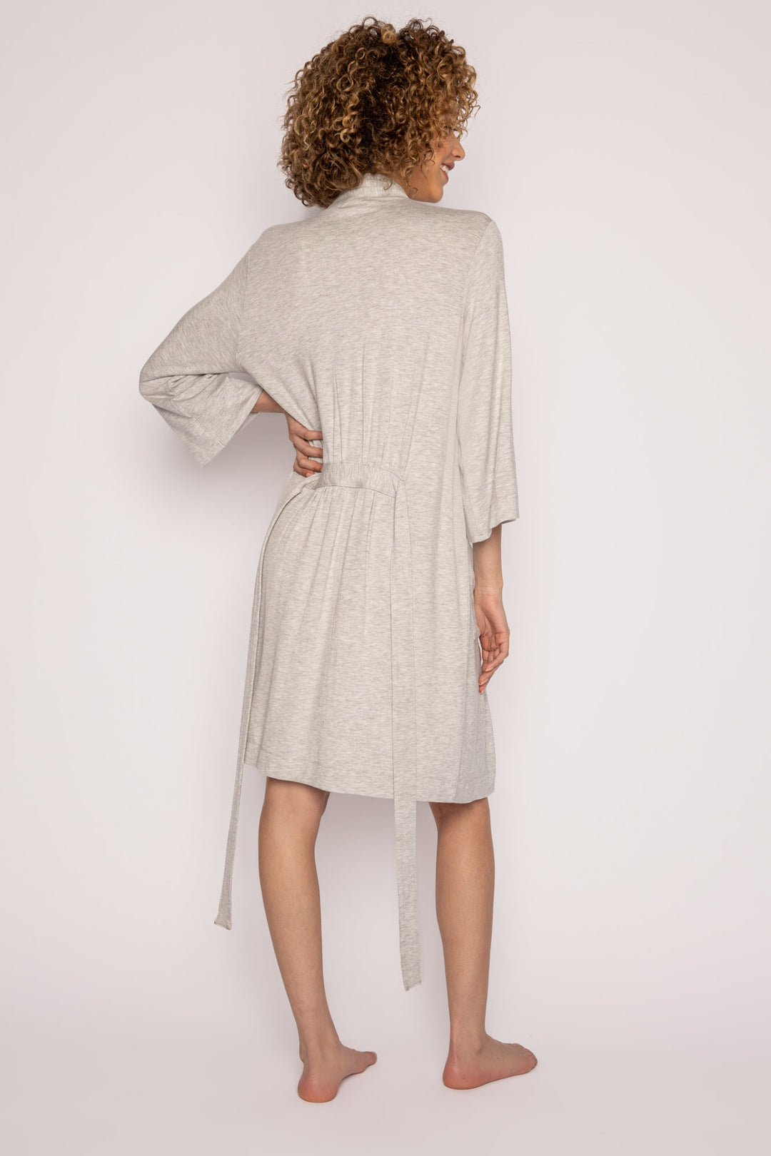 Light grey kimono-style robe with side patch pockets & self belt in mini French terry. Mid-length fit. (7122608455780)