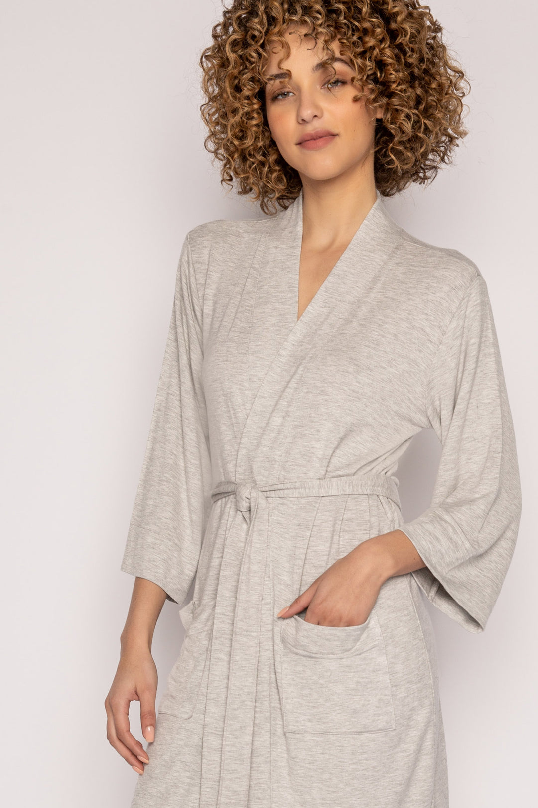 Light grey kimono-style robe with side patch pockets & self belt in mini French terry. Mid-length fit. (7122608455780)