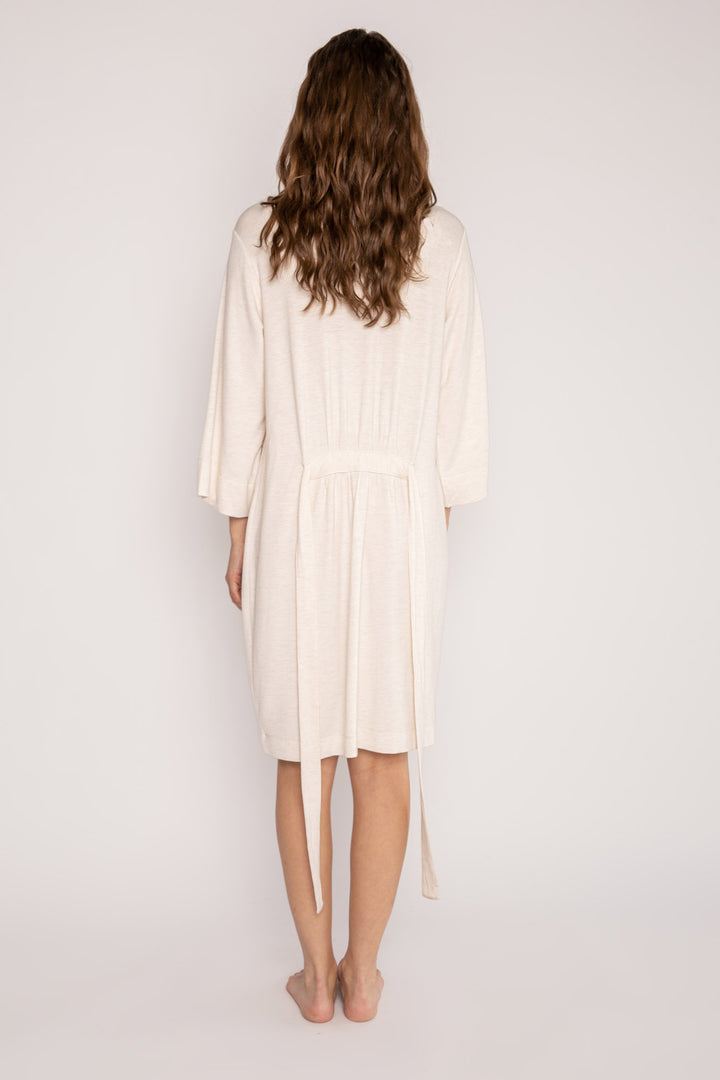 Oatmeal kimono-style robe with side patch pockets & self belt in mini French terry. Mid-length fit. (7122608488548)