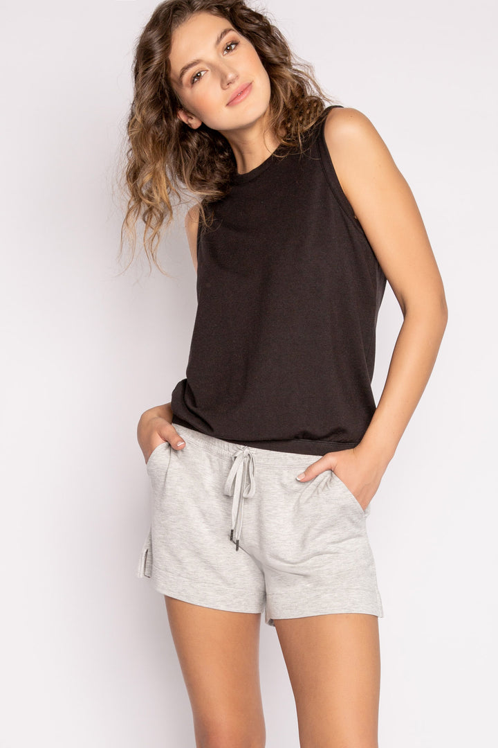 Heather grey mini terry lounge shorts with side slit, tie waistband & pockets. (7122608586852)