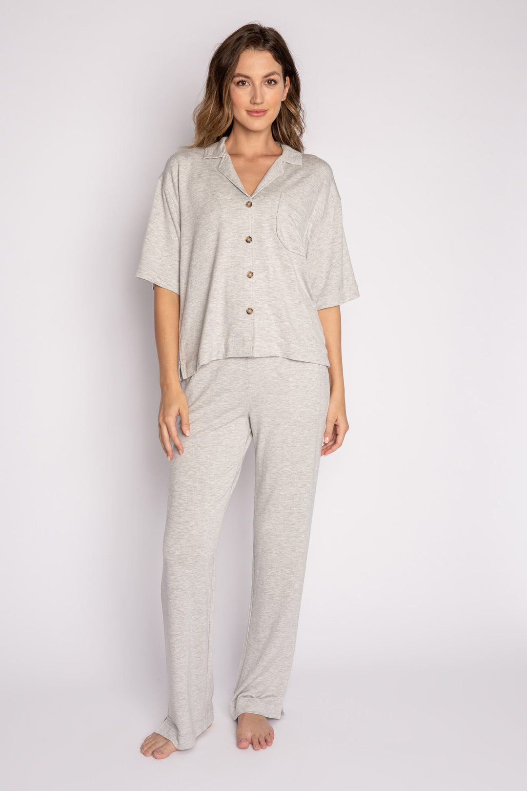 Heather grey terry lounge set with short sleeve button-down top and tie waist pants. (7125203845220)