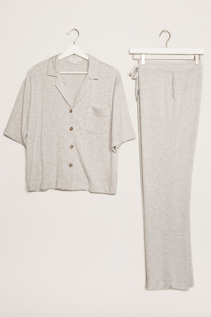 Heather grey terry lounge set with short sleeve button-down top and tie waist pants. (7125203845220)