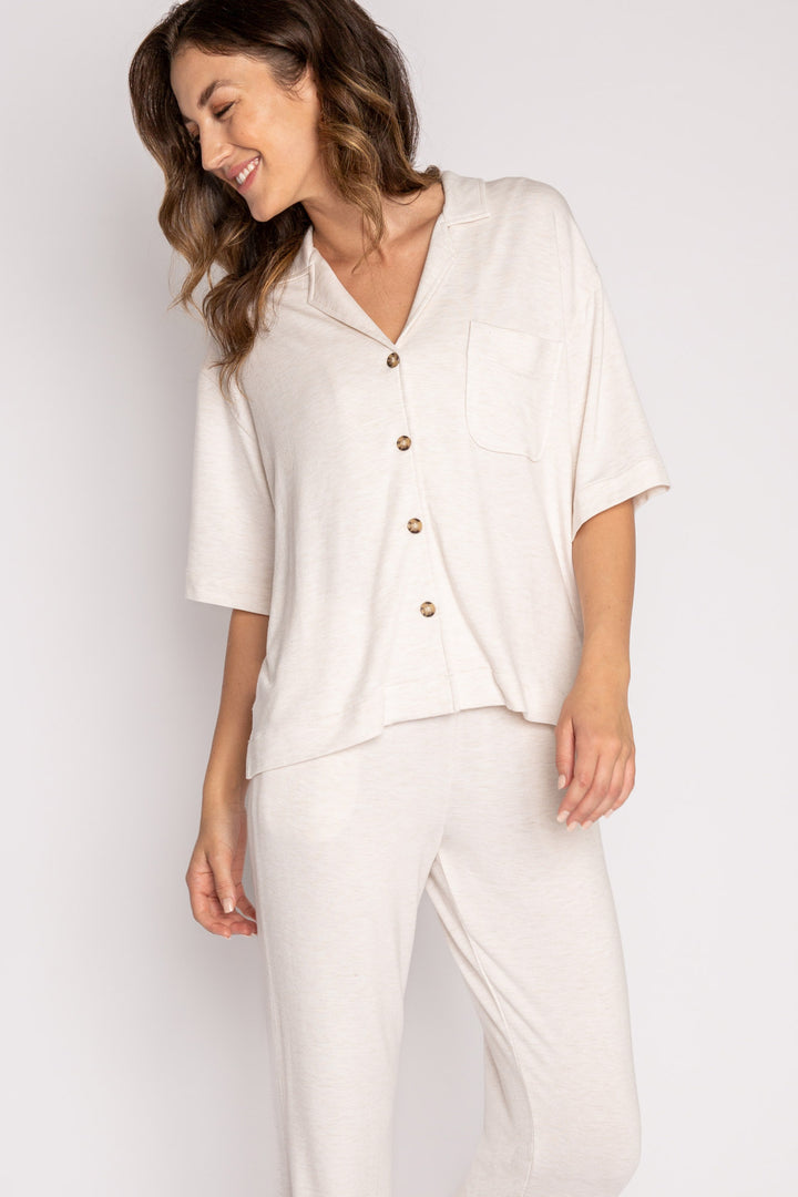 Oatmeal terry lounge set with short sleeve button-down top and tie waist pants. (7125204041828)